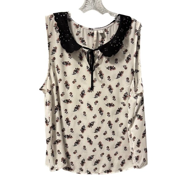 Lauren Conrad Floral Sleeveless Blouse With Scalloped Collar & Tie Neck Sz XL - Picture 1 of 12